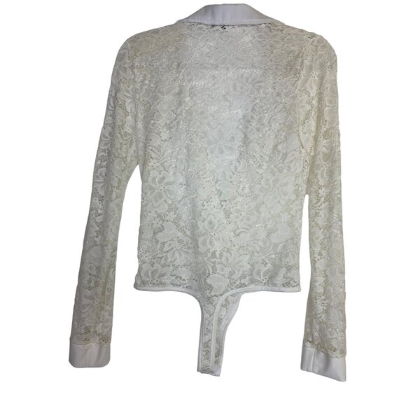 Fashion Nova White Lace Bodysuit Sexy Stretch Large‎ Thong Classic Office Sheer - Picture 2 of 3